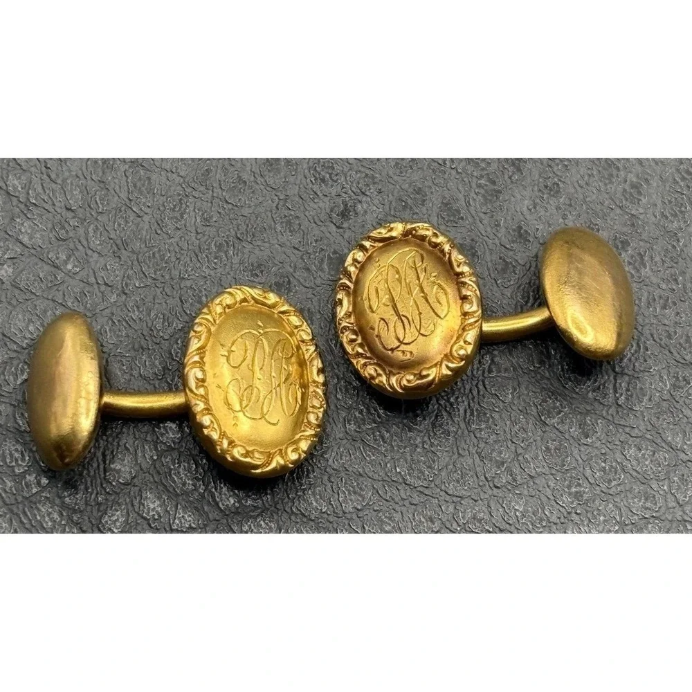 Vintage 14K Solid Yellow Gold Tone Victorian Cufflinks Ornate Etched Initials PA